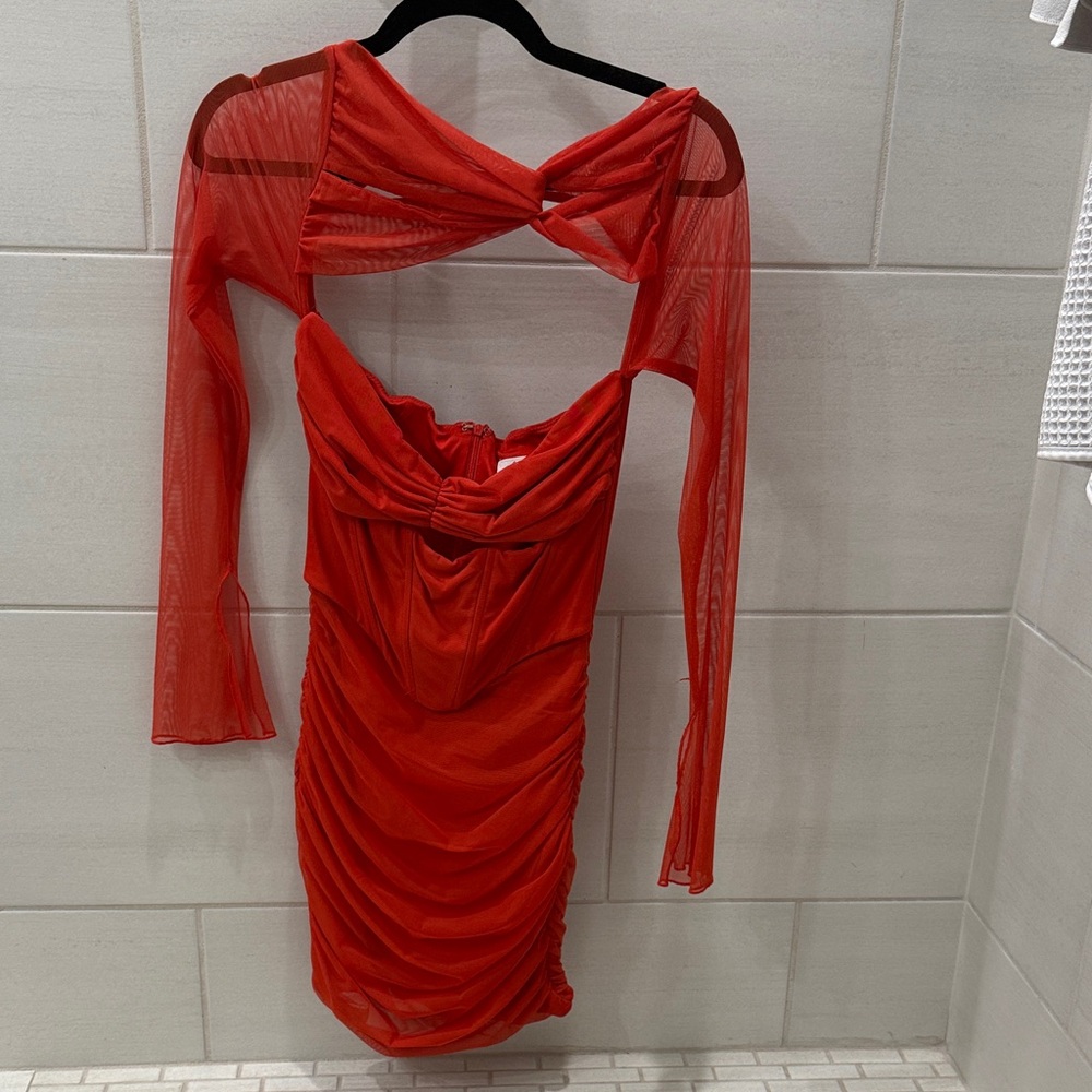 Oh Polly Red Ruched Mesh Mini Dress